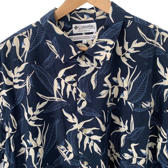 Columbia Shirt Mens L Navy Blue Floral Print Short Sleeve Button Up - Picture 3 of 6